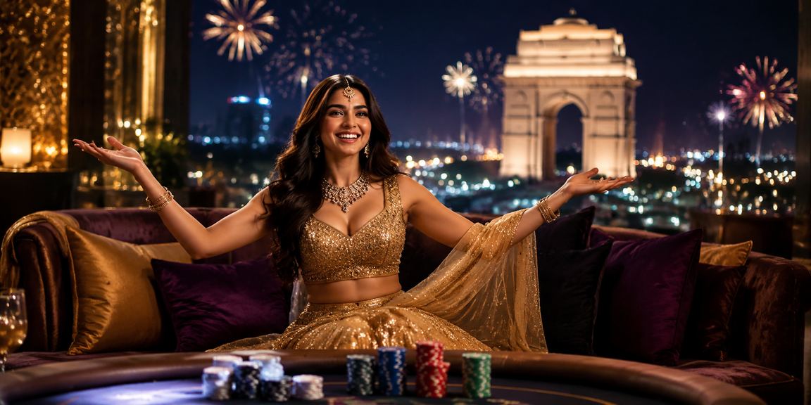 Young woman playing live casino games on mobile in Delhi near India Gate